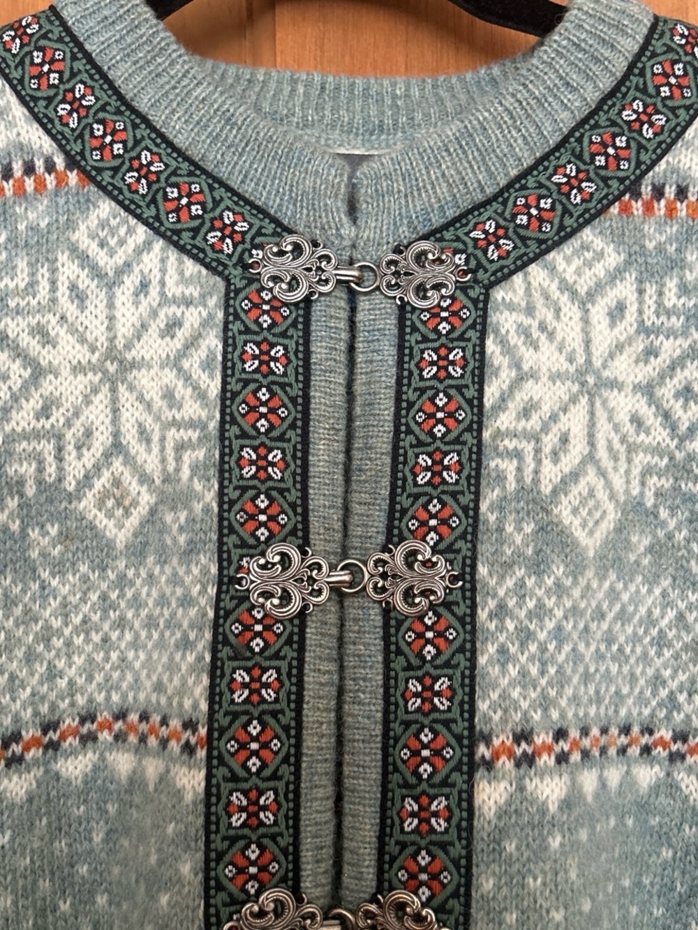 100% Wool, Light Green Nordic Knit Sweater Cardigan with Metal Decorative Clasps